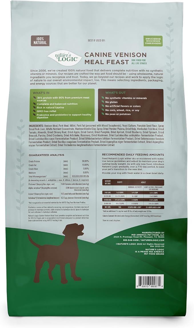 Nature's Logic Dry Dog Food - 100% Natural - No Synthetics - for All Ages Sizes Breeds - Free from Common Allergens High Protein - Venison Meal Feast 13lbs