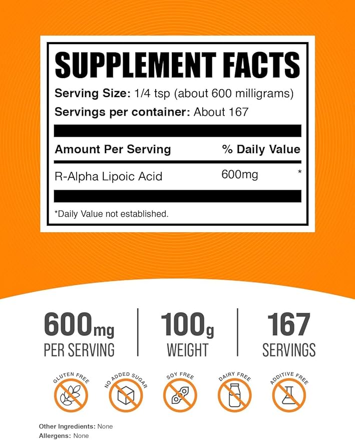 BulkSupplements.com R-Alpha Lipoic Acid Powder - R-ALA Supplement R Alpha Lipoic Acid 200mg - Antioxidants Supplement Gluten Free 200mg per Serving 100g (3.5 oz) (Pack of 1)