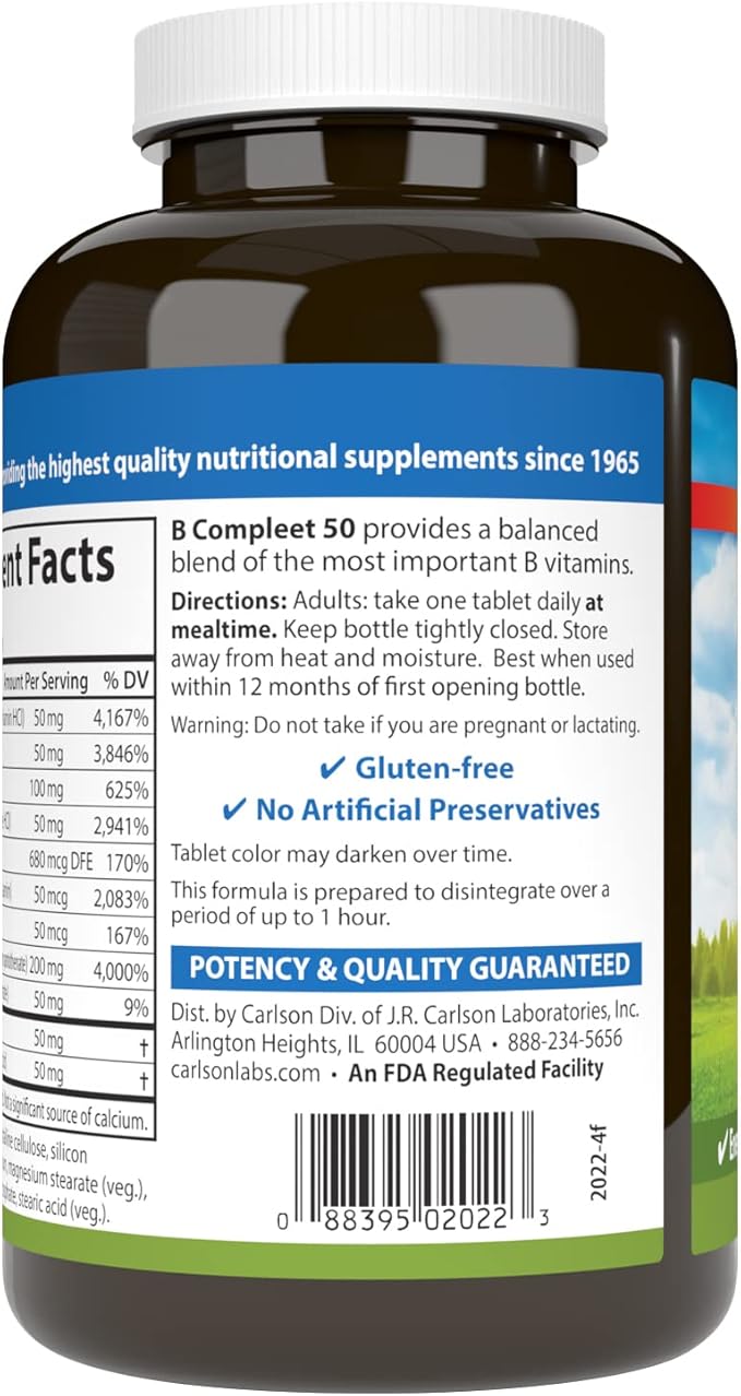 Carlson - B Compleet 50 Balanced Vitamin B Complex Energy Production Cellular Support &amp Optimal Wellness 250 Tablets