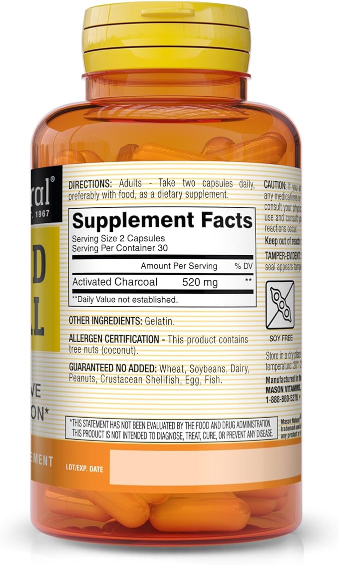 MASON NATURAL Activated Charcoal - Alleviates Gas and Bloating Promotes Natural Detoxification Highly Absorbent Supplement 60 Capsules (Pack of 3)