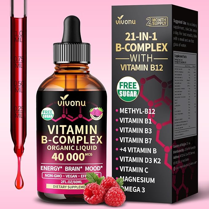 VivoNu Vitamin B Complex Liquid Drops 1000mcg Methyl folate 6000mcg Methylated Vitamin B12 B6 B1 B2 B3 B5 and Methylfolate Support Energy Raspberry Flavor Natural Ingredient Non GMO