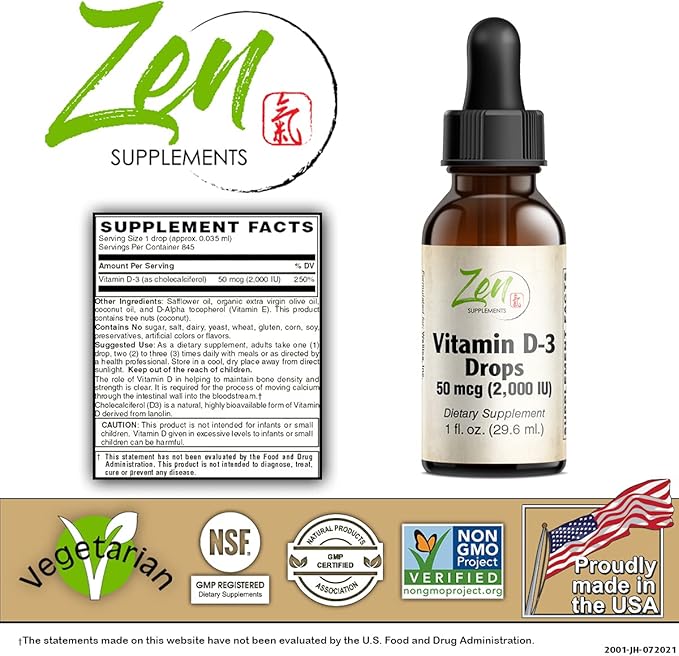 Zen Supplements - Vitamin D-3 2000 IU 1 Oz-Liquid - Supports Healthy Muscle Function Bone Health &amp Immune Support