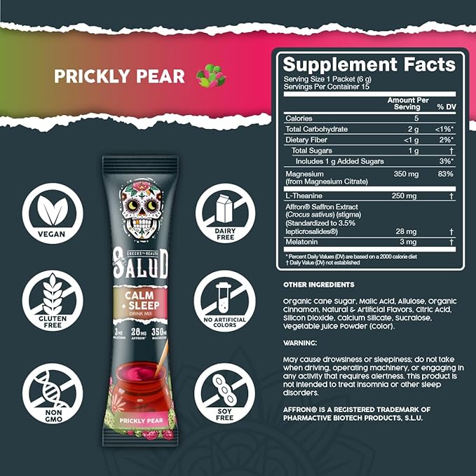 Salud 2-in-1 Sleep Aid + Calm Drink Mix Prickly Pear Flavor Melatonin Magnesium Saffron Extract L-Theanine Non-GMO Gluten Free Vegan Low Calorie 1g of Sugar (15 Servings)