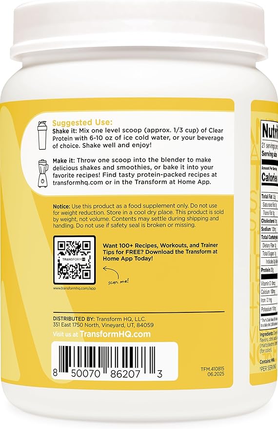 TransformHQ Clear Whey Protein Isolate (WPI) (Lemonade Flavored) 21 Servings - 20 Grams Protein Per Serving