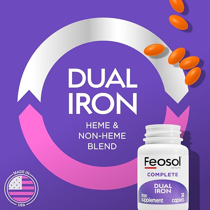 Feosol Complete Iron Supplement Caplets Bifera Iron for High Absorption Heme and Non-Heme Dual Action Minimizes Side Effects 1 Per Day for Energy and Immune System Support 30 Count (Pack of 36)