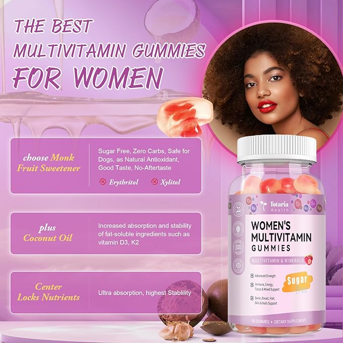 Totaria Sugar Free Multivitamin Gummies for Women 14+ w/Iron Inositol Folate Biotin Womens Daily Multivitamin Gummy w/Vitamin A C B D3 K2 for Hair Skin Energy Immune Strawberry Flavor