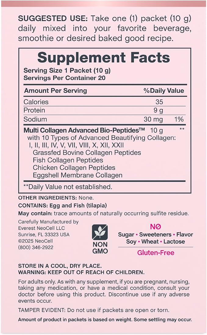 NeoCell Multi Collagen Powder | 20 Stick Packs | Unflavored and Mixes Easily | 10 Types of Advanced Collagen Bio-Peptides | Superior Absorption