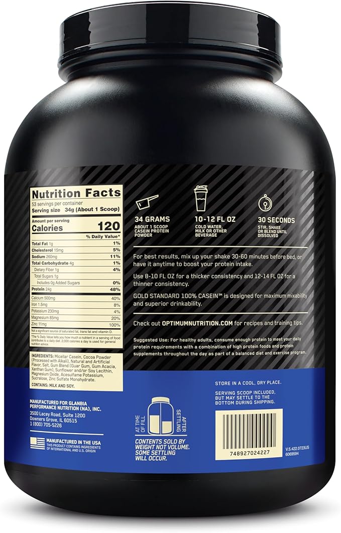 Optimum Nutrition Gold Standard 100% Micellar Casein Protein Powder Slow Digesting Helps Keep You Full Overnight Muscle Recovery Chocolate Supreme 4 Pound (Packaging May Vary)