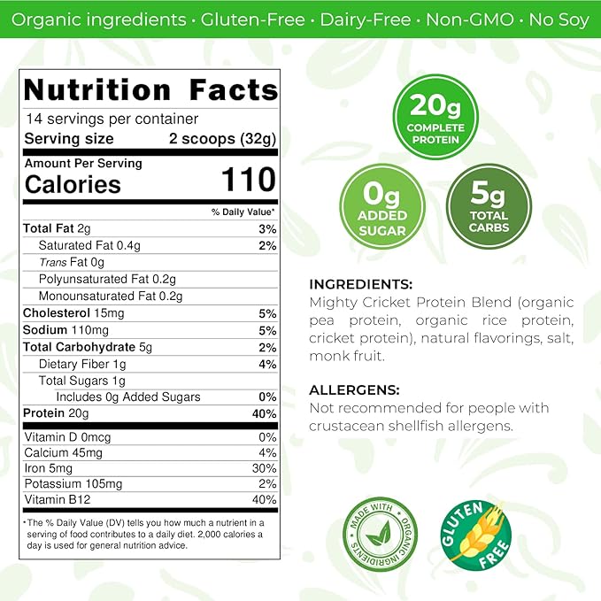 Mighty Cricket Protein Powder. 20g Clean Prebiotic Cricket Protein. No Sugar Low Carbs Gluten &amp Dairy Free. Keto &amp Paleo 100% Natural Ingredients. Chocolate 1 lb (Pack of 1)