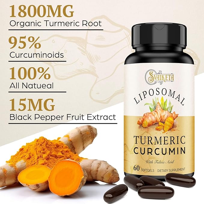 Liposomal Turmeric Curcumin Supplement 2000mg 95% Standardized Curcuminoid Extract &amp Organic Root Powder with Piperine Black Pepper Fruit (15mg) 60 softgels