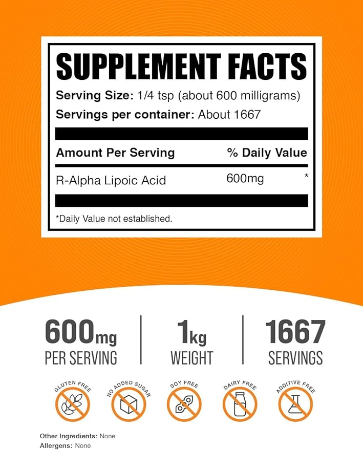 BulkSupplements.com R-Alpha Lipoic Acid Powder - R-ALA Supplement R Alpha Lipoic Acid 200mg - Antioxidants Supplement Gluten Free 200mg per Serving 1kg (2.2 lbs) (Pack of 1)