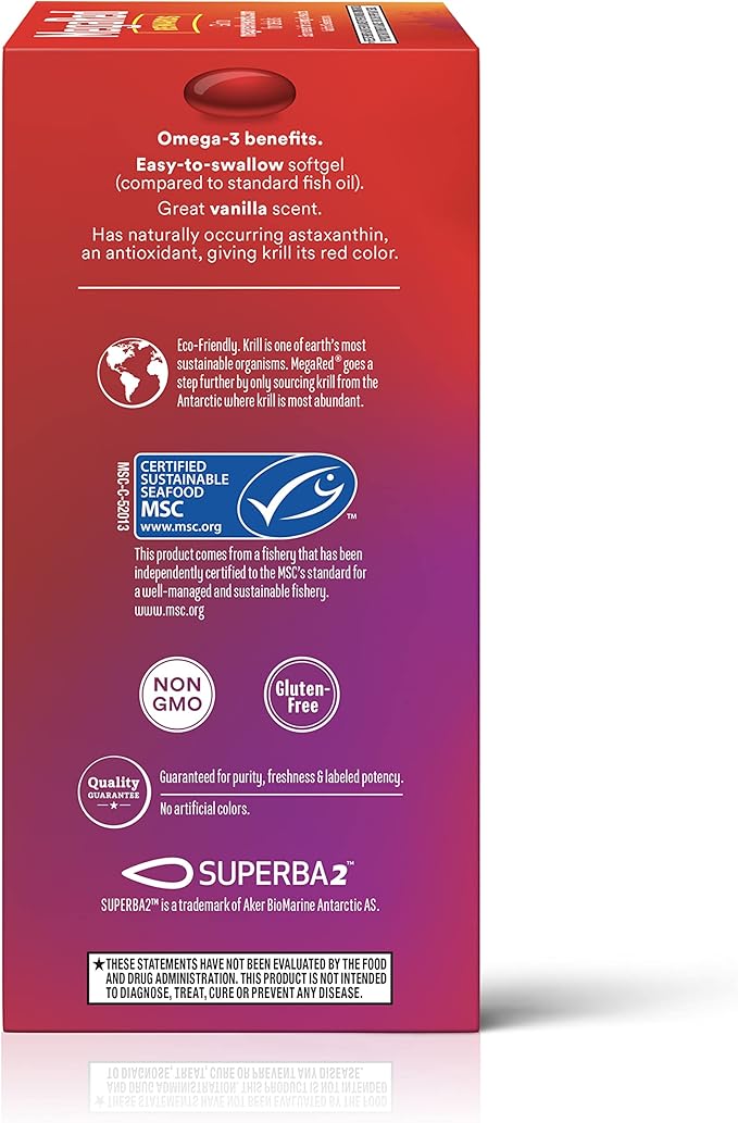 MegaRed Antarctic Krill Oil 500mg Omega 3 Fatty Acid Supplement Extra Strength EPA &amp DHA Krill Oil Softgels (90cnt Box) Astaxanthin Heart Health Supplement with No Fish Oil Aftertaste