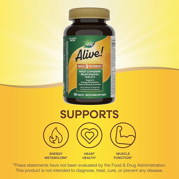 Nature's Way Alive! Max3 Potency Adult Complete Multivitamin High Potency B-Vitamins to Support Cellular Energy Metabolism* Multivitamin with Methylated B12 &amp Folate No Added Iron 180 Tablets