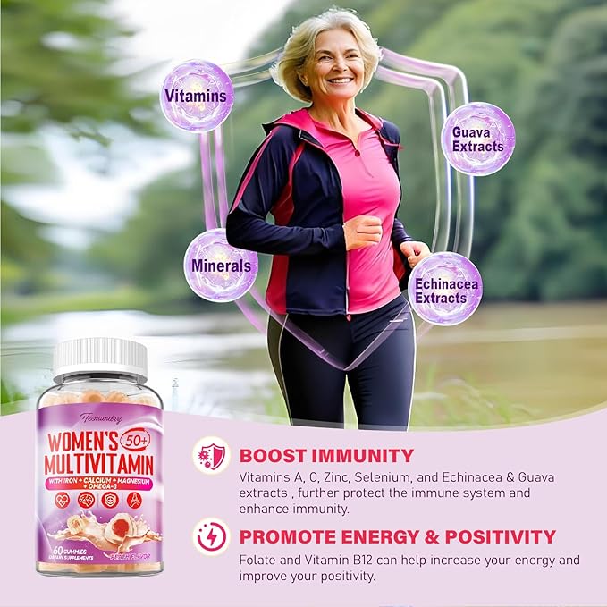 Multivitamin Gummies for Women 50 Plus - with Omega 3 Coenzyme Q10 Iron Calcium Zinc Vitamin A C D3 E K2 B Complex Folate - Multi Vitamins &amp Minerals for Energy Beauty Immune Sugar F