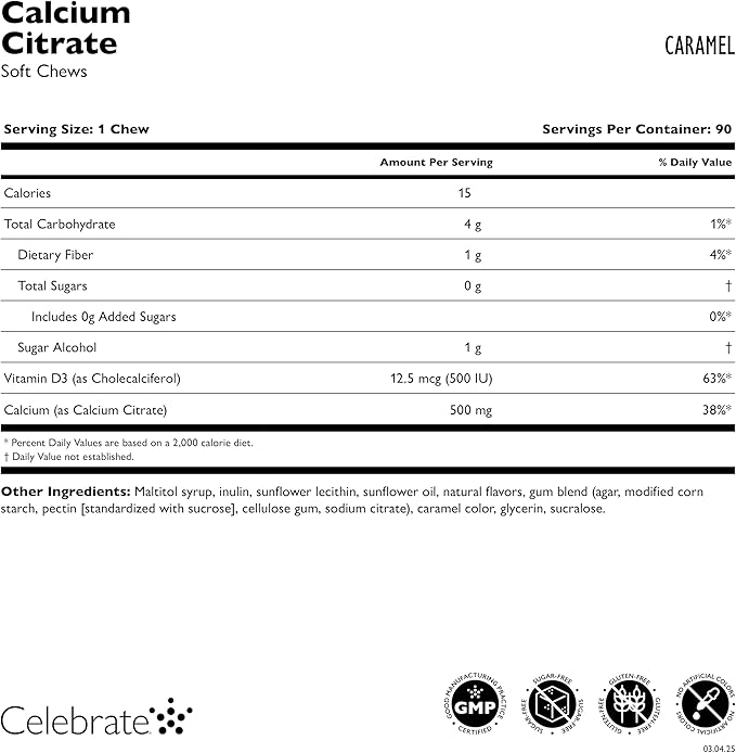 Celebrate Vitamins Bariatric 500mg Calcium Citrate Soft Chews with 500 IU Vitamin D3 – Essential for Gastric Bypass Patients &amp Bone Health - Sugar &amp Gluten Free Caramel (270 Chews)