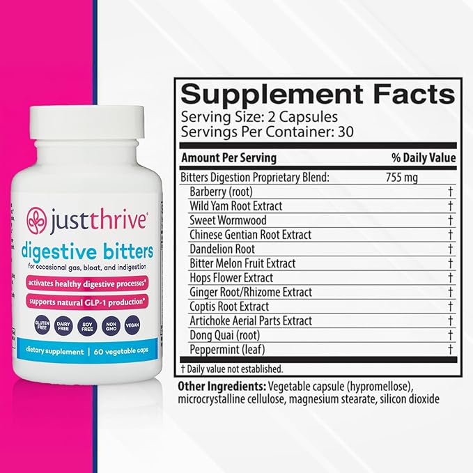 Just Thrive Digestive Bitters Supports Digestion GLP-1 Eases Bloating Gut Health Metabolism &amp Nutrient Absorption 12 Herbal Extracts 60 Caps