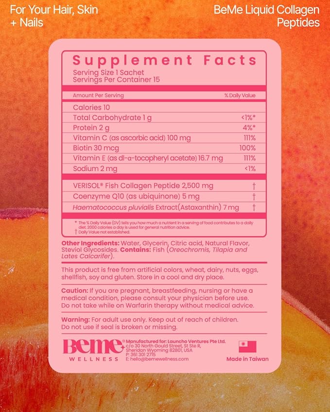 BeMe Liquid Collagen for Women - 2500mg Verisol Collagen Liquid with Biotin CoQ10 &amp Vitamin C - Clinically Proven Collagen Peptides for Hair Skin &amp Nails - 15 Peach Sachets