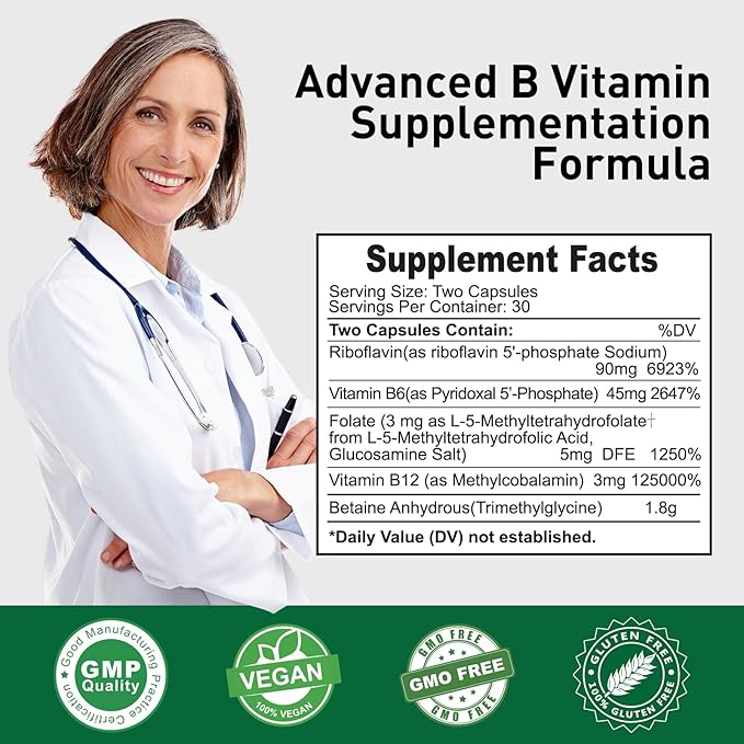 Active folate (5-MTHF) with Vitamins B Complex B12 B2 and B6 - Supports methylation and Healthy Level of homocysteine - Gluten-Free Dairy-Free Soy-Free - 60 Capsules 5mg L-Methylfolate