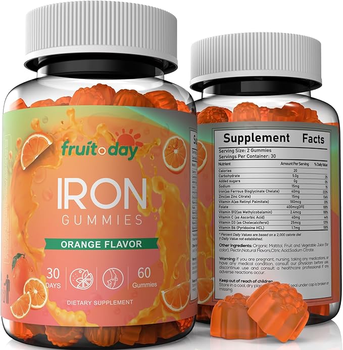 Iron Gummies with Vitamin C B6 B12 and Folate - Gentle Ferrous Bisglycinate for Daily Nutrition - Orange Flavor - 60 Gummies