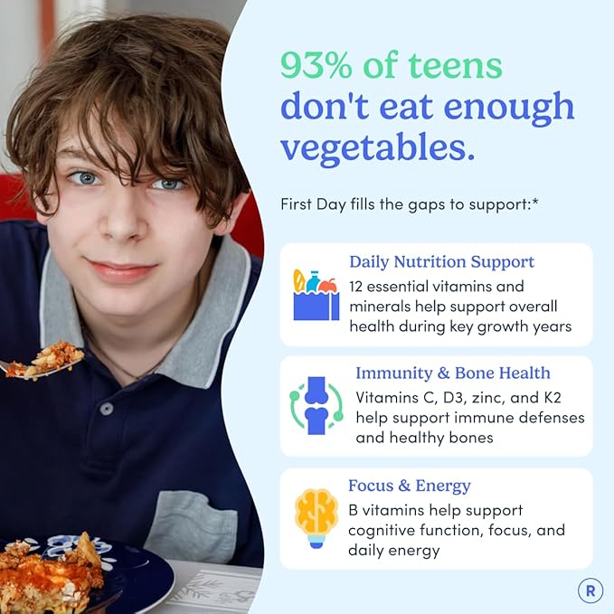 FIRST DAY Vitamins for Teens - Teen Multi Vitamins for Girls &amp Boys 12-17 Organic Fruit &amp Veggie Blend - 12 Key Nutrients: Vitamins A B1 B2 B6 B9 B12 C D3 E K2-60 Day Supply