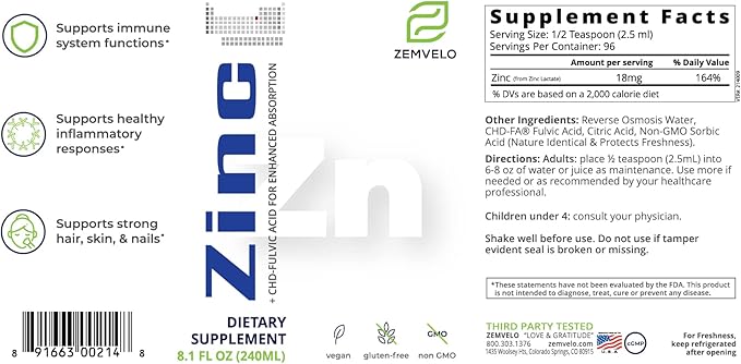 Liquid Ionic Zinc Supplement – Supports Immune Health &amp Energy Production – Maintains Skin and Cellular Health – 3-Month Supply