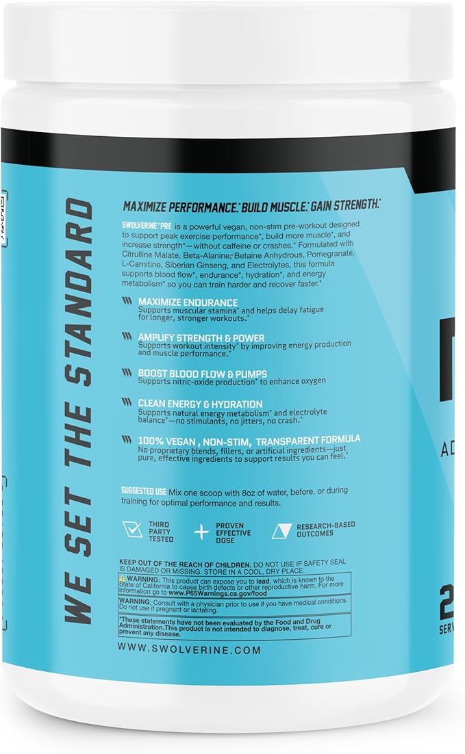 Swolverine PRE | Citrulline Malate Carnosyn Beta Alanine Carnitine Ginseng Pomegranate Betaine Coconut Water Endurance Energy Strength Vegan Gluten Free Non-GMO (25 Servings)