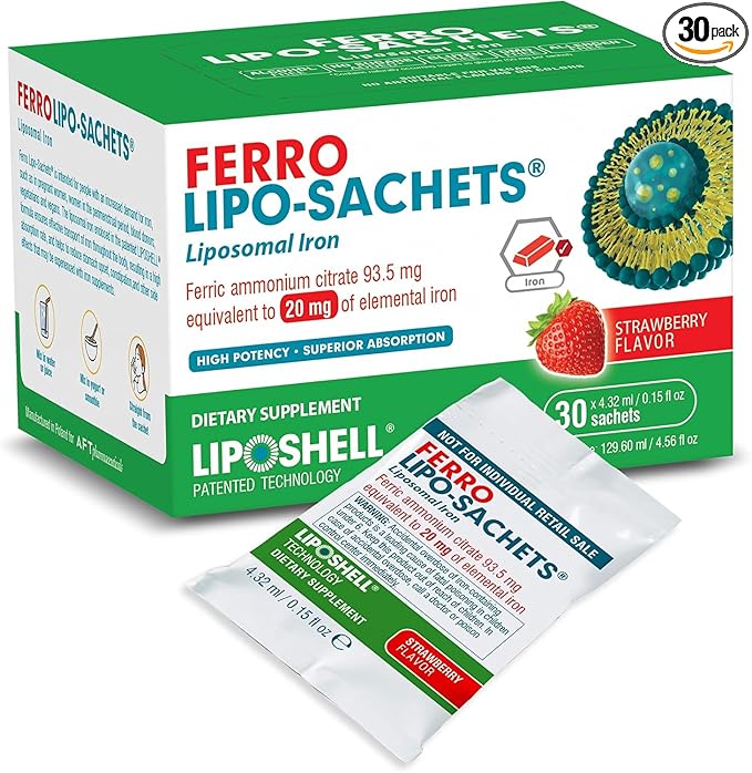 Ferro Lipo-Sachets Liposomal Iron Supplement - Liquid Iron Supplement for Women &amp Men - Gentle on the Stomach Non GMO Vegan Iron Supplements - 30 Iron Gel Packets