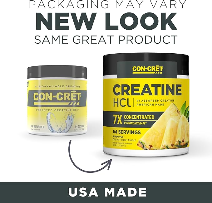 CON-CRET Creatine HCl Powder | Muscle Cognitive Cellular Energy Support | No Bloating or Cramps | USA Made &amp NSF Certified | Pineapple (64 Serving)