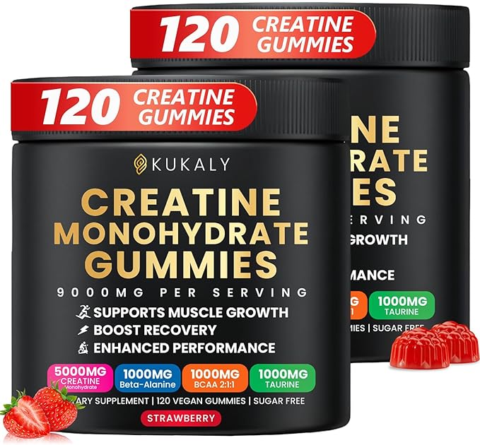 Creatine Monohydrate Gummies for Men &amp Women 9000MG Creatine Gummies Sugar Free with L-Taurine BCAA 2:1 B12 B6 for Boost Strength Focus &amp Endurance Vegan Non-GMO Strawberry 120*2 Bottle