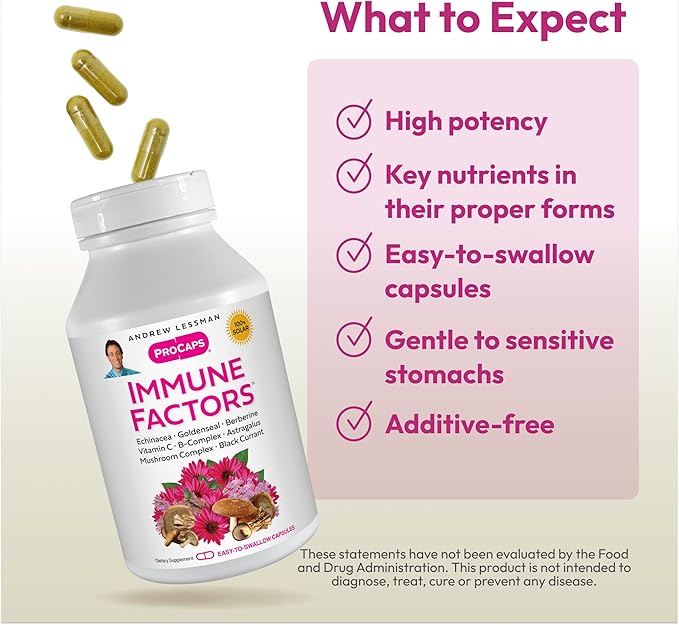ANDREW LESSMAN Immune Factors 360 Capsules - Echinacea Goldenseal Vitamin C Astragalus Berberine Mushroom Blend Black Currant. Supports and Promotes Immune System and Natural Defenses