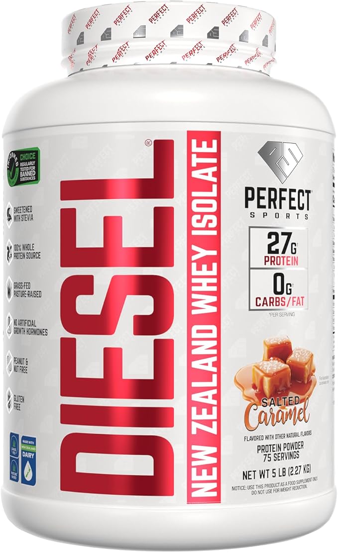 PERFECT SPORTS Diesel 100% New Zealand Whey Protein Isolate | Stevia Sweetened No Artificial Ingredients Keto | 0g Carb 0g Fat 27g Protein | 5 Pounds (Salted Caramel)