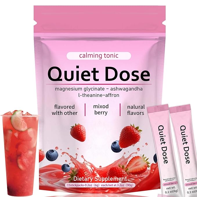 Quiet Dose calm magnesium powder cortisol reducer supplement calming drink powder with Magnesium Glycinate Ashwagandha L-Theanine Vitamin D3 | Vegan Non-GMO Berry Flavor