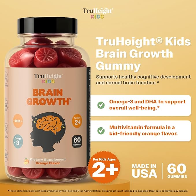 TruHeight Kids Brain Growth Gummies (Orange Ages 2+) All Natural Kids &amp Toddler Vitamins - Omega-3 DHA Multivitamin - Brain &amp Memory Supplements - Gluten Free Supplement Vitamin