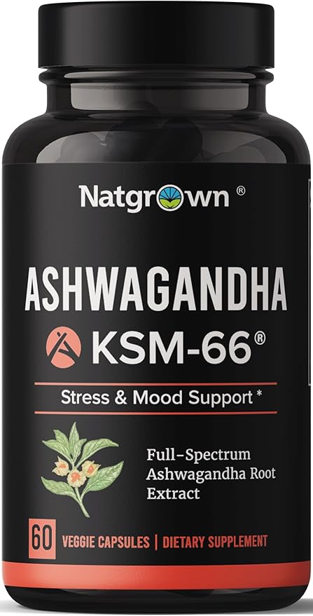 Natgrown Ashwagandha KSM 66 Supplement 600 mg - Stress Mood &amp Athletic Support - Organic KSM66 Root Extract with 5% Withanolides - Vegan Capsules - 60 Count