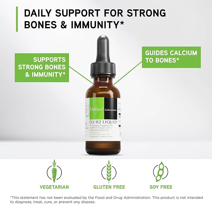 DAVINCI Labs D3/K2 Liquid - Liquid Vitamin D &amp Vitamin K Supplement for Bone Health Heart Support &amp Calcium Absorption* - 30mL (30 Servings)