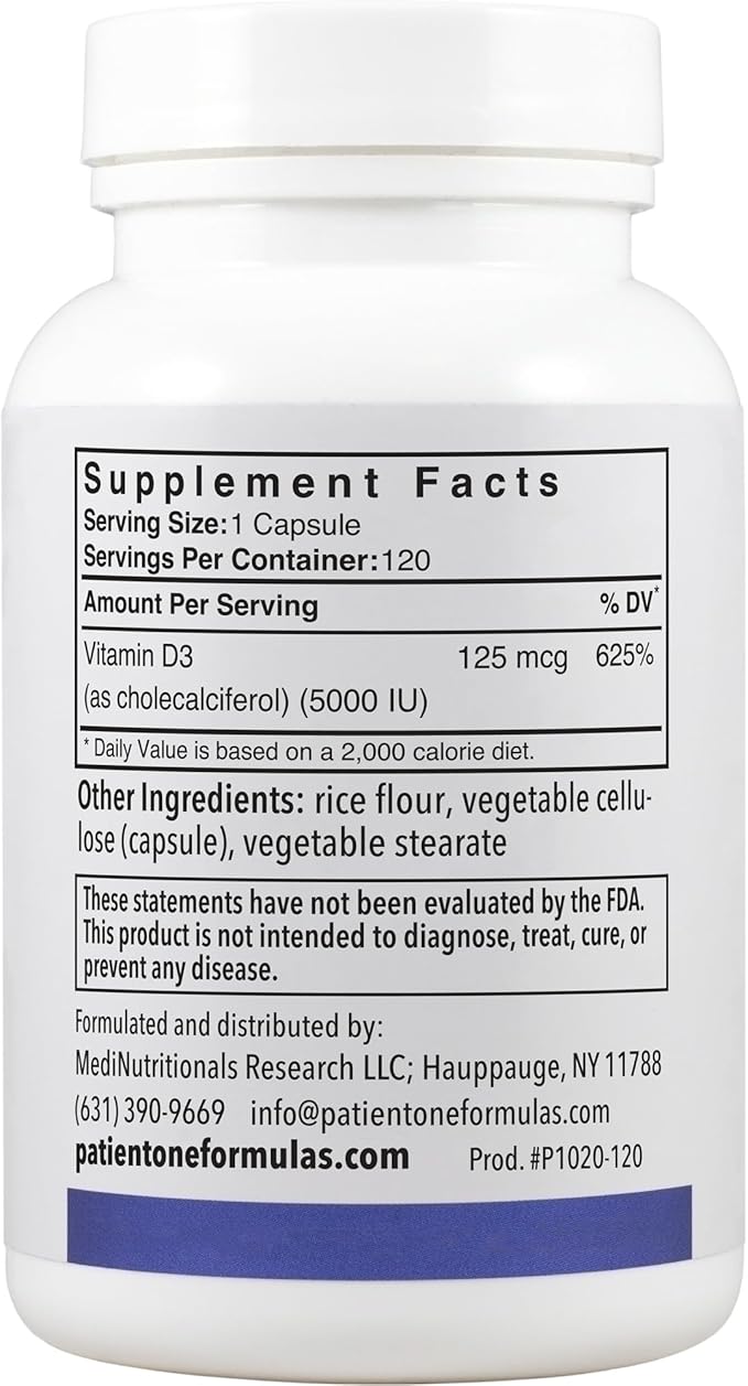 Patient One Vitamin D3 5000 IU | Supplement to Support Immune Heart and Bone Health* | Absorbable Cholecalciferol Form | 120 Capsules | 2 Pack