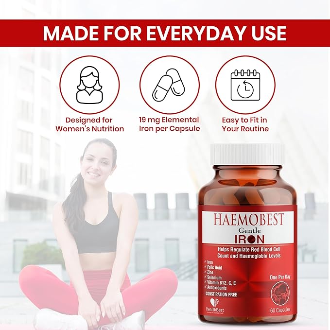 HealthBest High Potency Gentle Iron Capsules 19mg |Slow Release Iron for Faster Absorption Non-Constipating| Vitamin C B12 Folate Zinc &amp Selenium for Anemia Hemoglobin &amp Immune Support |60