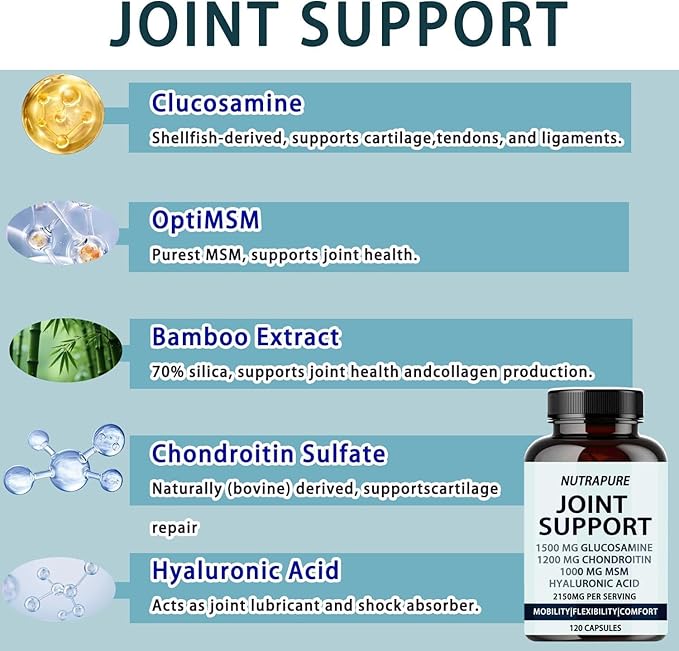 Nutrapure Joint Support - Glucosamine Chondroitin MSM Hyaluronic Acid &amp Bamboo Extract Maintaining Joint Health - 120 Capsules