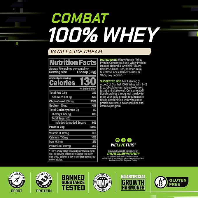 MusclePharm Combat 100% Whey Protein Powder Vanilla Flavor Fast Recovery &amp Muscle Gain with Whey Protein Isolate High Protein Powder for Women &amp Men Gluten Free 5 lb 70 Servings