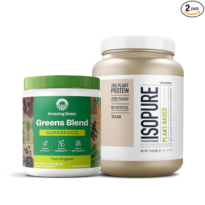 Bundle of Amazing Grass Greens Superfood Powder: Original 30 Servings + Isopure Unflavored Vegan Protein Powder Plant Based Organic Pea Protein Dairy Free 20 Servings (Packaging May Vary)