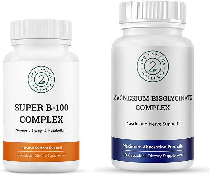 Magnesium Bisglycinate + Super B-100 Complex Bundle | Energy Stress Support Muscle Relaxation Nerve Health Metabolism &amp Daily Wellness