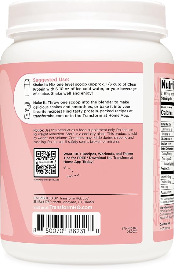 TransformHQ Clear Protein Powder (Cotton Candy) 21 Servings - Whey Protein Isolate 20g of Protein 90 Calories 0g Added Sugars