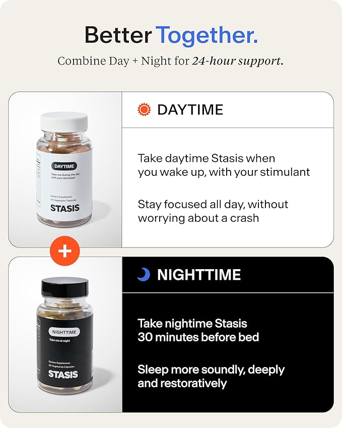 Stasis Day &amp Night Supplement Set for Men &amp Women with L Theanine Ashwagandha Magnesium Melatonin &amp CoQ10 Energy &amp Focus Support Capsules Vegan 50 Servings 25 Day &amp 25 Night