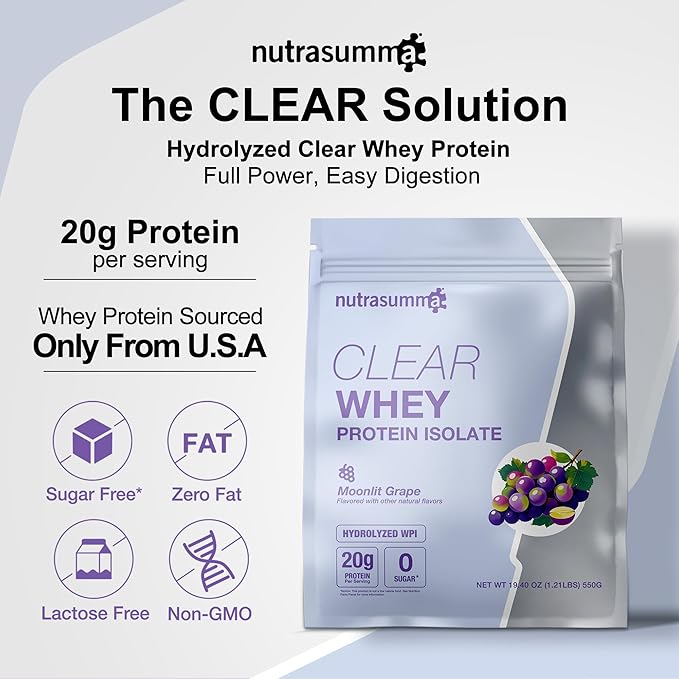 Nutrasumma Clear Whey Protein Isolate Powder 20g Protein Sugar Free Fat Free Lactose Free Moonlit Grape Flavor 1.21 lb 22 Servings