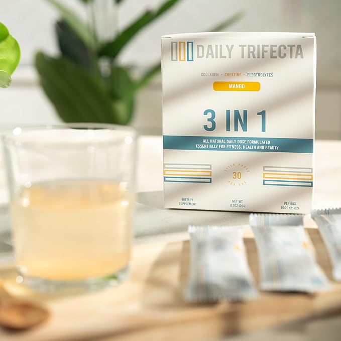 DAILY TRIFECTA 3-in-1 Collagen Creatine &amp Electrolyte Stick Packs | Type I Collagen Creatine Monohydrate Zero Sugar | 30 Natural Single-Serve Packets | Strength Hydration &amp Recovery (Mango
