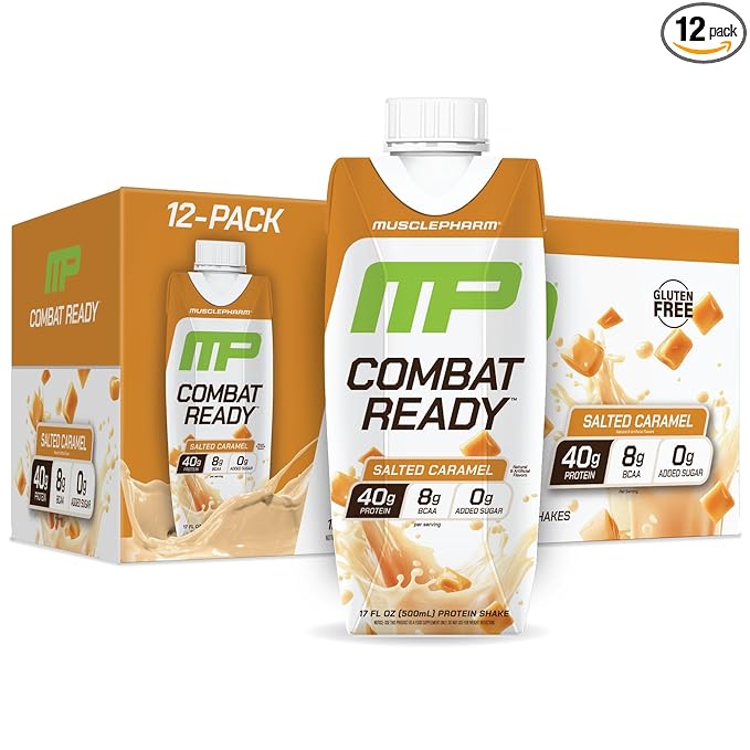 MusclePharm Combat Ready High Protein Shakes Ready to Drink 40g Protein 8g BCAAs 8.7g Glutamine 5g Fiber No Added Sugar Gluten Free Salted Caramel 17 Fl Oz (Pack of 12)