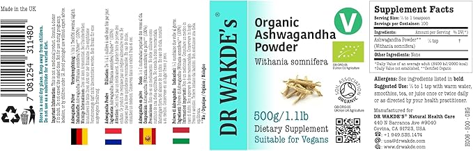 DR WAKDE's Organic Ashwagandha Powder (Indian Ginseng | Withania somnifera) - 500g (1.1lb) | Pure Raw &amp Dried Powder | Ayurvedic Herb | Vegan | Nothing Added Nothing Removed | Same Day Dispatch