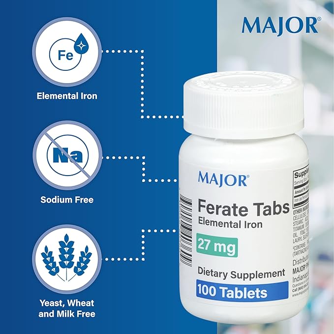 Major 27 mg Ferate Tabs - Ferrous Gluconate Elemental Iron Dietary Supplement - 100 Count (4 Pack)
