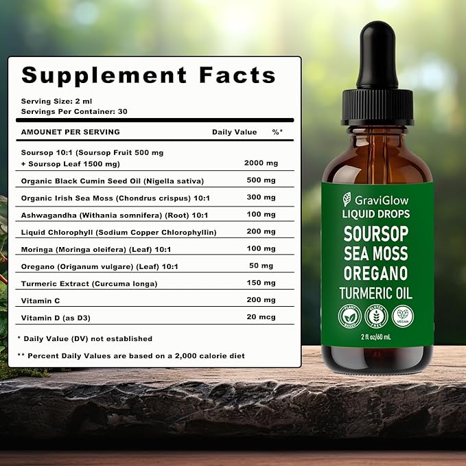 Graviola Soursop Bitters Liquid Drops – 10-in-1 Herbal Soursop Extract with Sea Moss Moringa Turmeric Black Seed Oil &amp Oregano – Immune &amp Gut Health Support Vegan Non-GMO 2 Fl Oz
