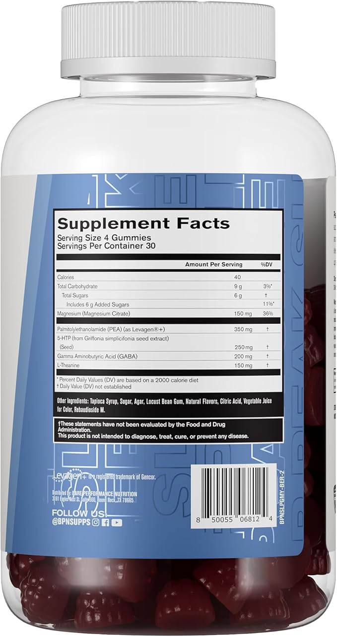 BARE PERFORMANCE NUTRITION BPN Peak Sleep Gummy Sleep Aid &amp Recovery Support Supplement 30 Servings Berry